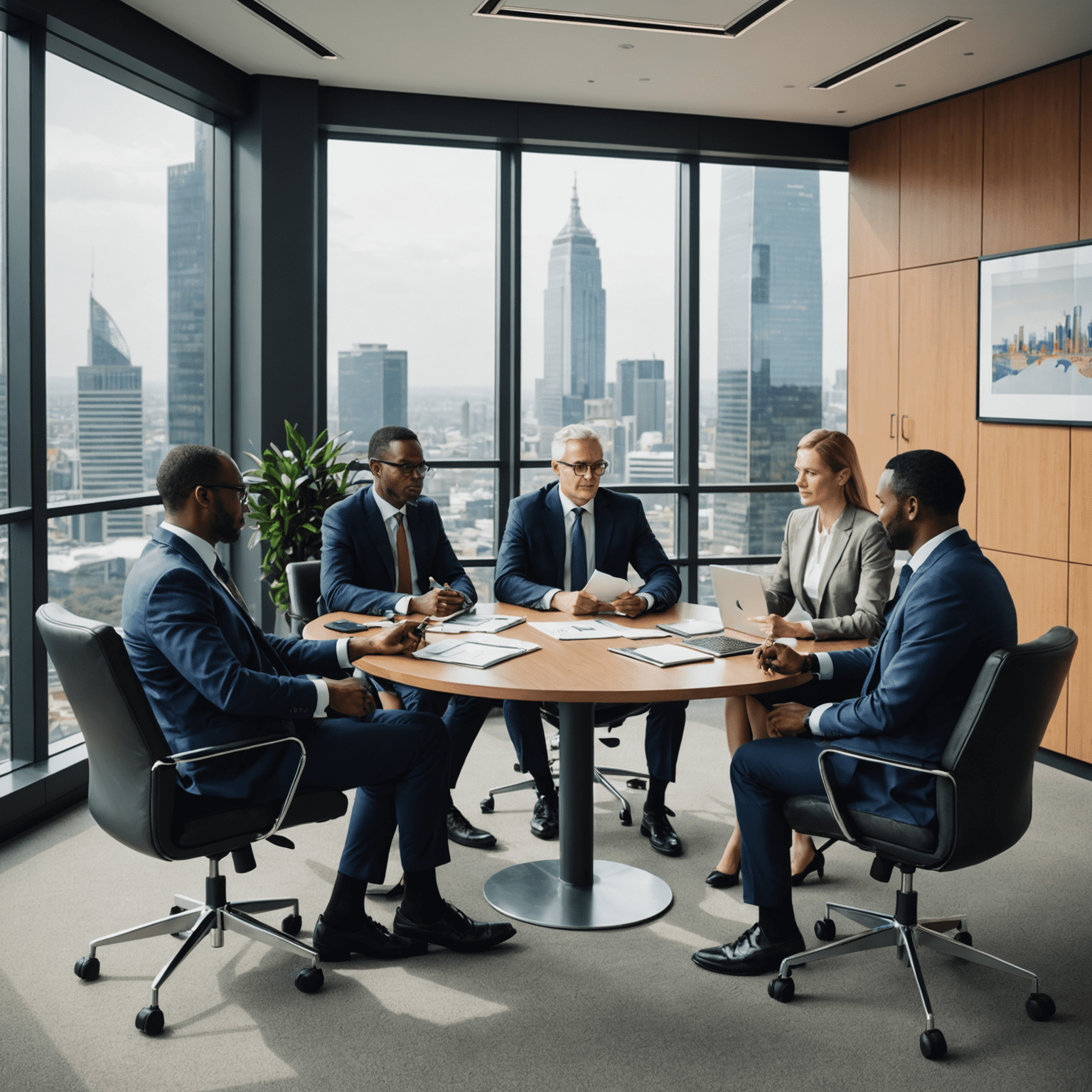 A team of financial consultants discussing investment strategies with a client in a modern office setting in Johannesburg, South Africa.