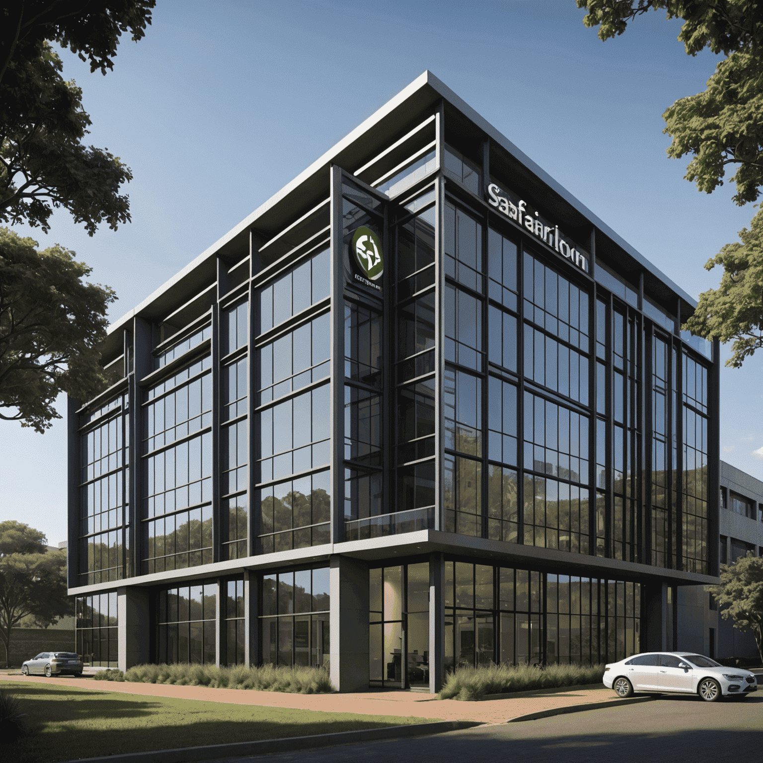 Safarisolutions Johannesburg office building exterior, a modern glass and steel structure with the company logo prominently displayed