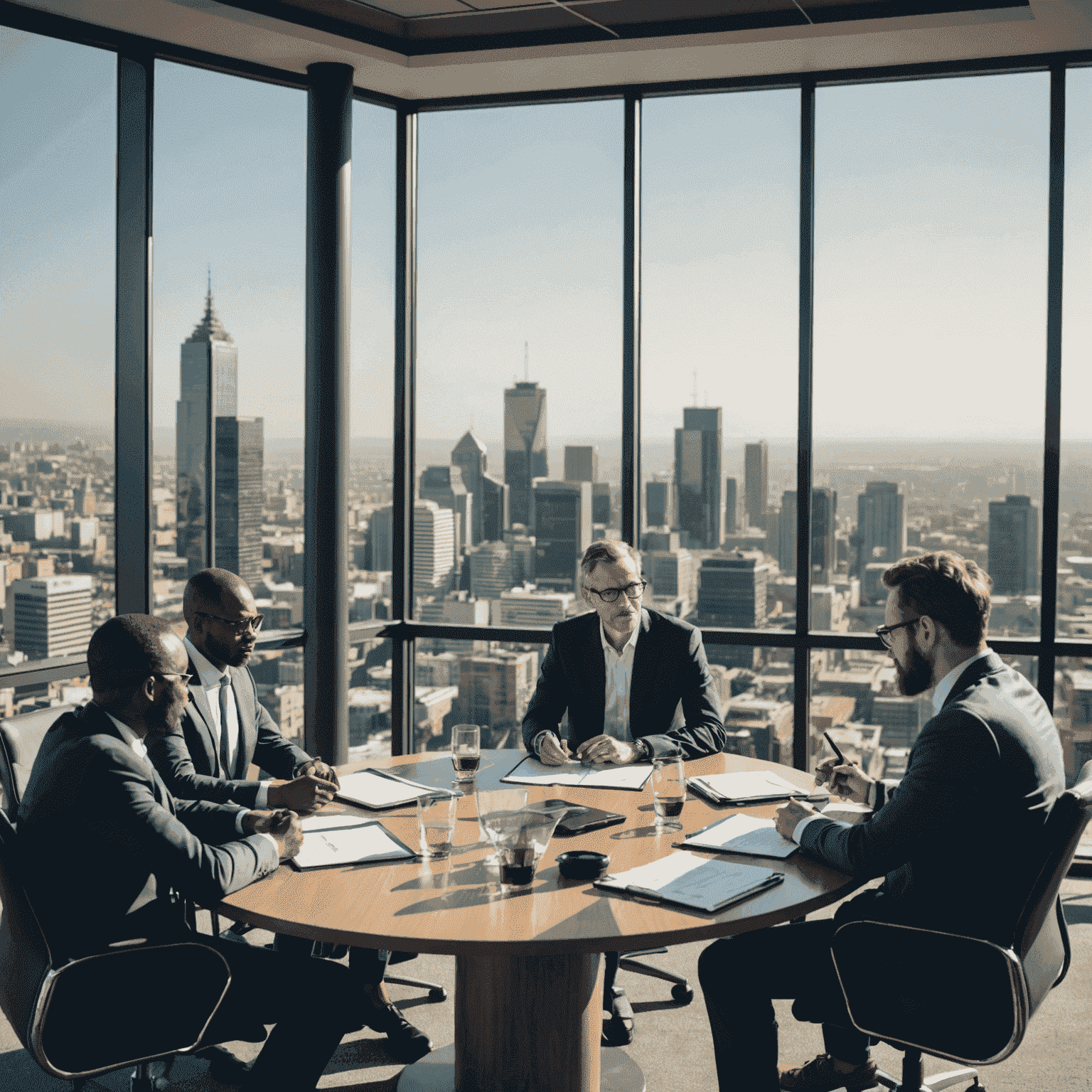 A team of consultants discussing business strategy around a conference table, with a view of Johannesburg skyline in the background