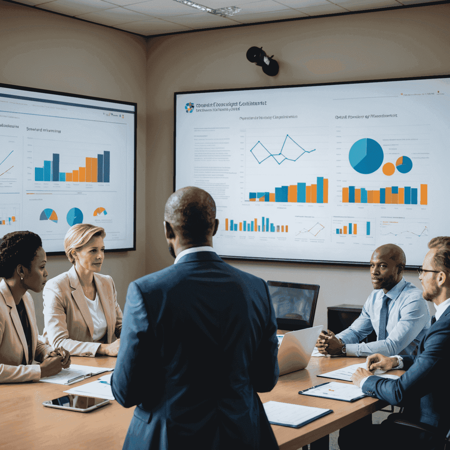 A team of consultants discussing a strategic plan around a conference table, with charts and graphs displayed on a screen in the background. The image conveys professionalism, expertise, and collaboration in the context of strategy consulting for South African businesses.