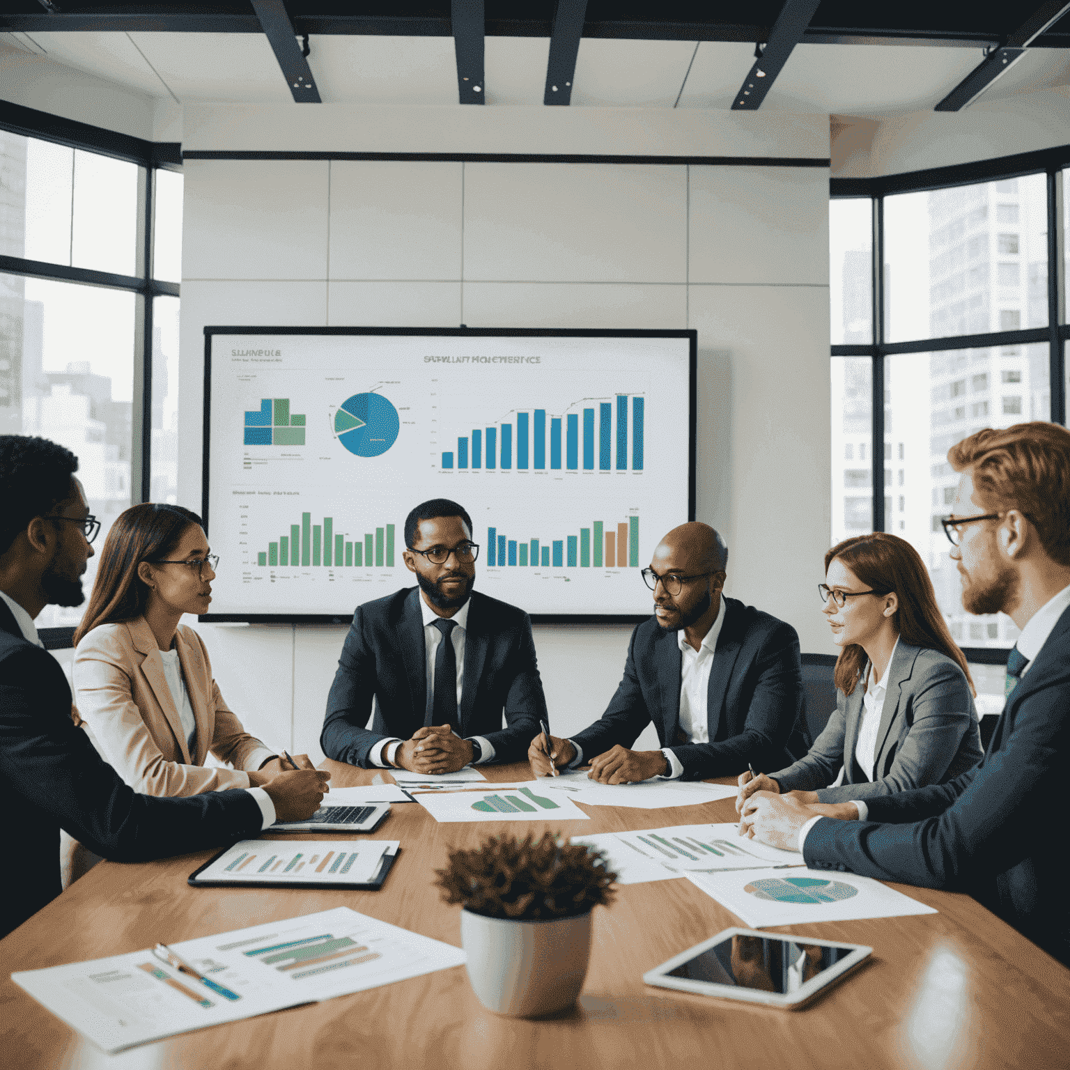 A group of diverse business professionals discussing sustainability strategies around a conference table, with charts and graphs displayed on a large screen in the background.