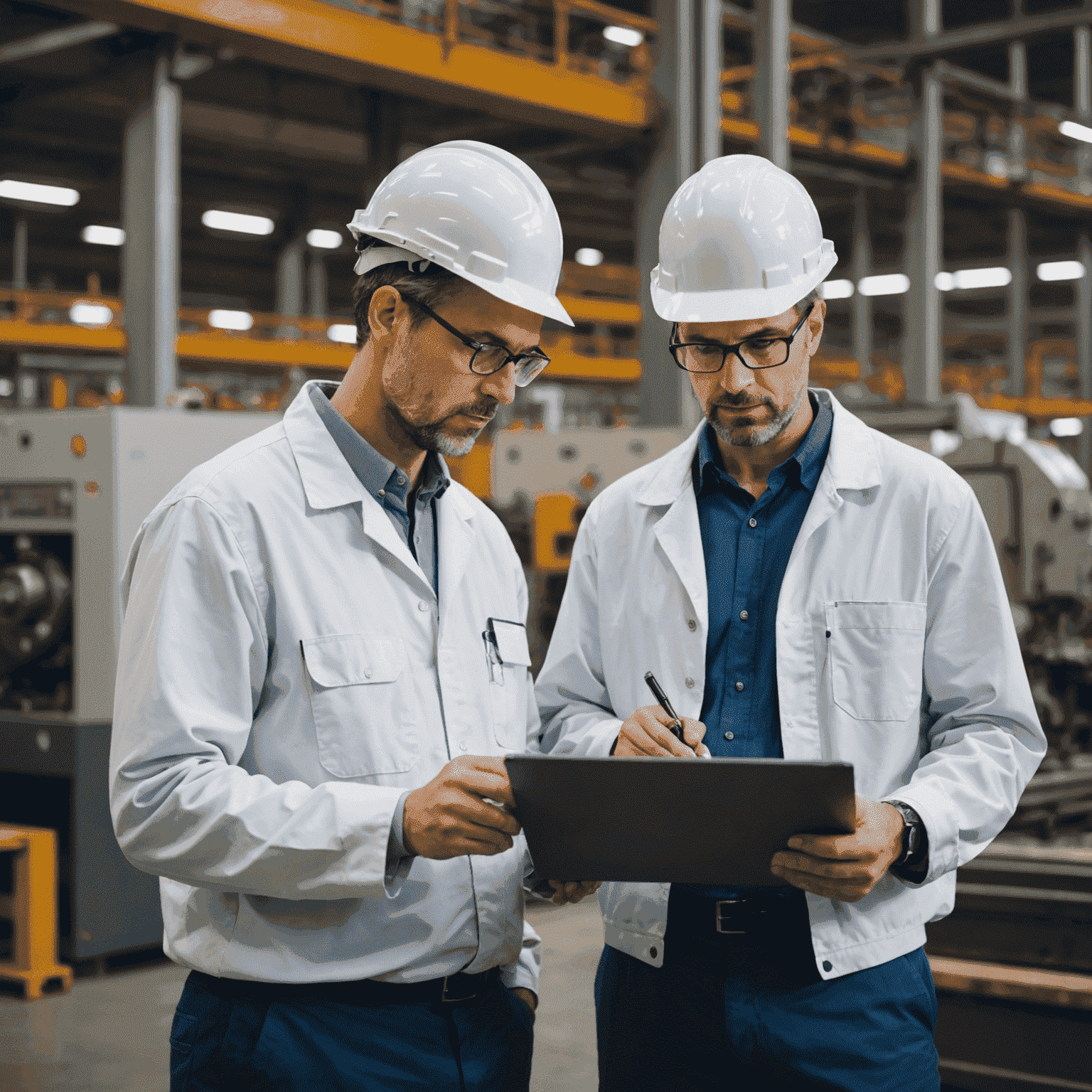 A consultant working with a client to optimize their manufacturing process in a factory setting