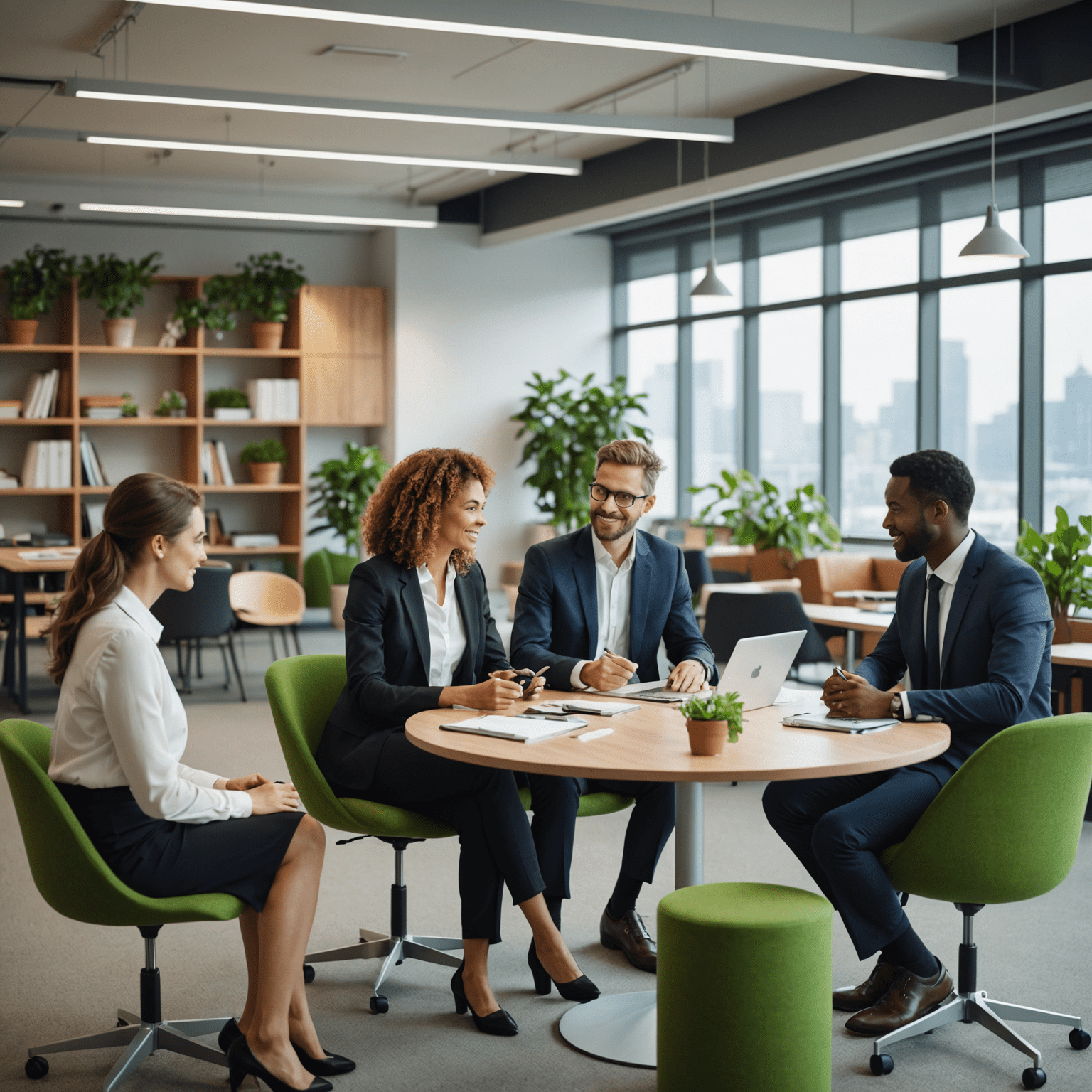 A group of business professionals discussing sustainable practices in a modern office setting, with a focus on green initiatives and environmental responsibility