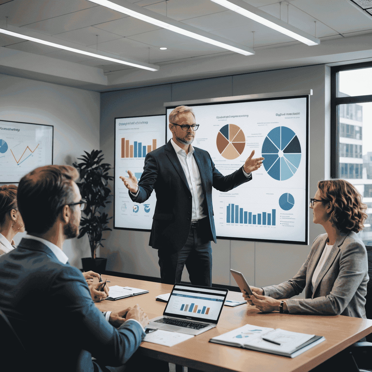 A consultant presenting a digital transformation roadmap to a group of executives in a modern office setting