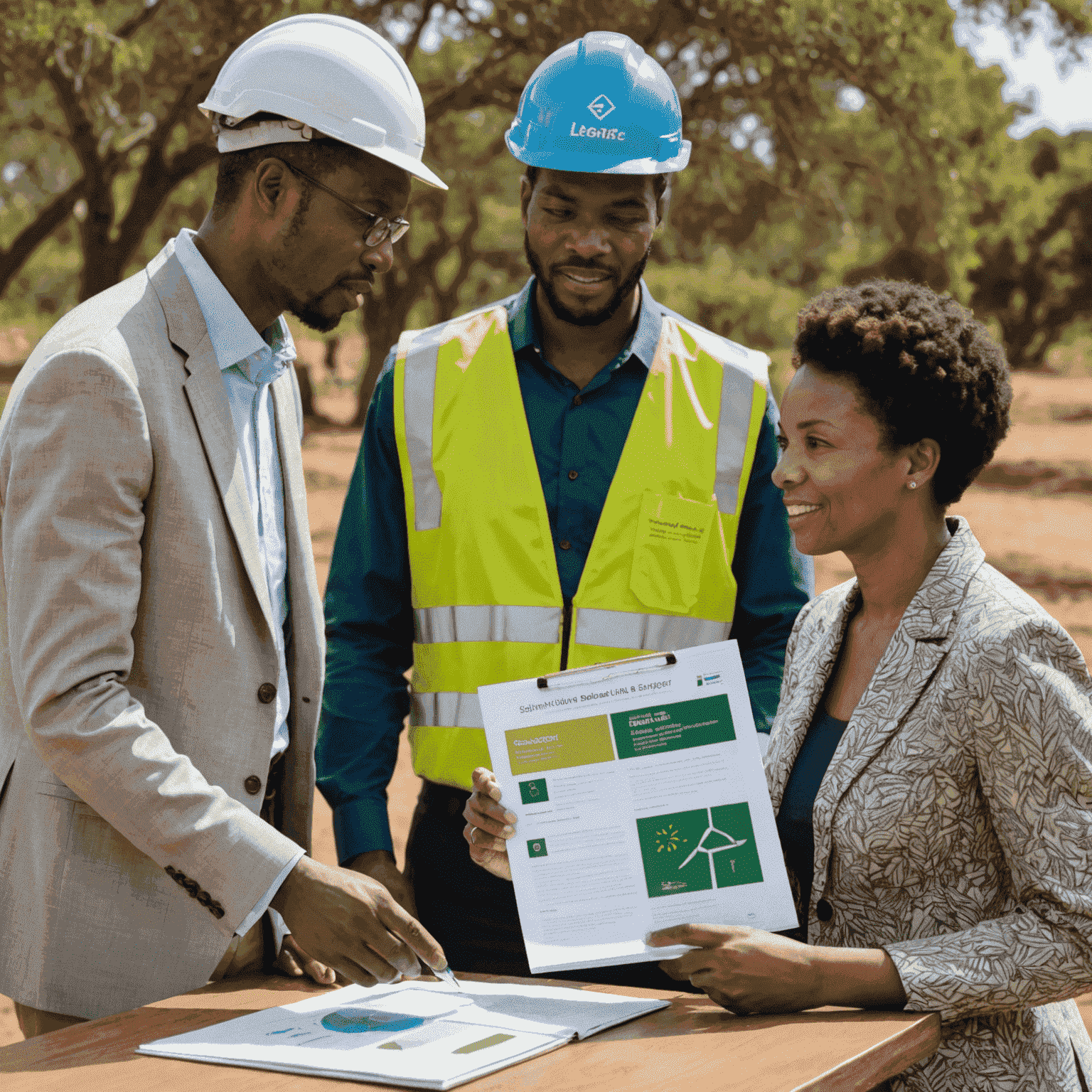 A consultant presenting a sustainability report to a client, with a focus on renewable energy and green initiatives in South Africa